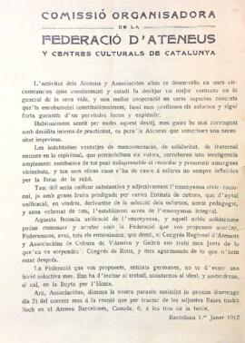 Convocatòria de la Comissió Organitzadora de la Federació d'Ateneus y Associacions de Cultura de Catalunya a la reunió que se celebrarà per debatre sobre les bases proposades