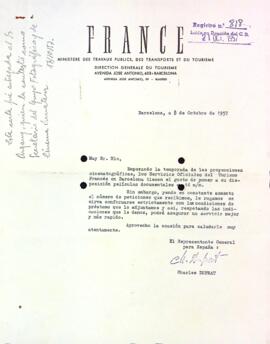 Carta de la Direcció General de Turisme de França a Barcelona