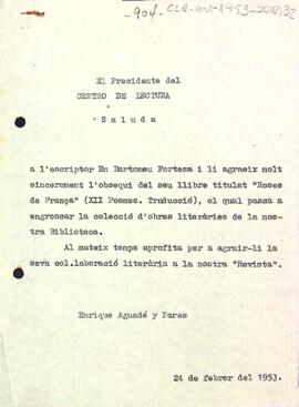 Carta d'agraïment del president a Bartomeu Forteza
