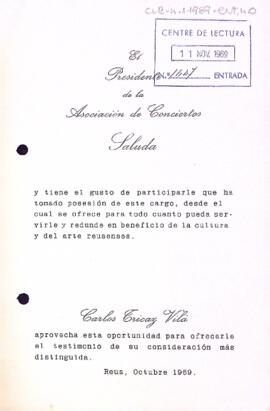 Carta de l'Associació d'Estudis Reusencs al president del Centre de Lectura