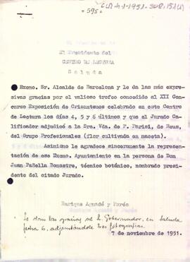 Carta del president agraint a l'alcalde de Reus i a altres personalitats el donatiu dels trofeus entregats als premiats del XII Concurs-Exposició de Crisantems