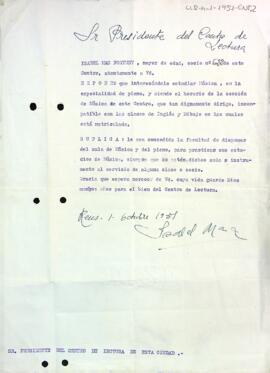Carta d'Isabel Mas Fortuny al president del Centre de Lectura