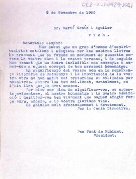 Carta del president dirigida a Martí Genís i Aguilar donant suport al nou moviment que honrarà la seva figura