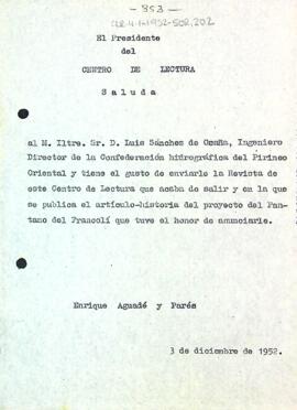 Carta d'Enric Aguadé Parés a Luis Sánchez de Ocaña