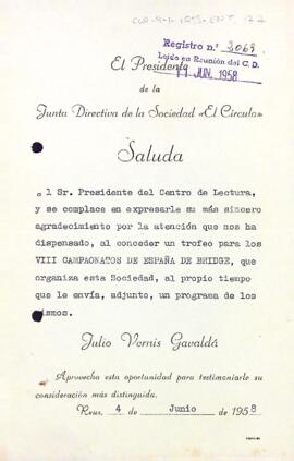Agraïment per la concessió d'un premi de Bridge