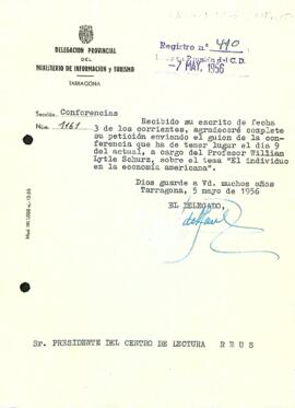 Carta del delegat provincial del Ministeri d'Informació i Turisme al president del Centre de Lectura