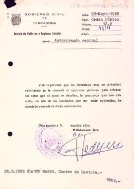 Carta de la direcció general de seguretat al president del Centre de Lectura
