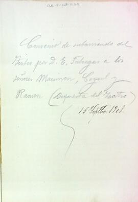 Convenio de subarriendo del Teatro por D. E. Fábregas á los señores Marimon, Cogul y Ramon (Orquesta del Teatro)