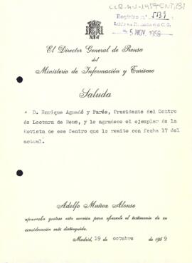 Carta del director general de premsa al president del Centre de Lectura