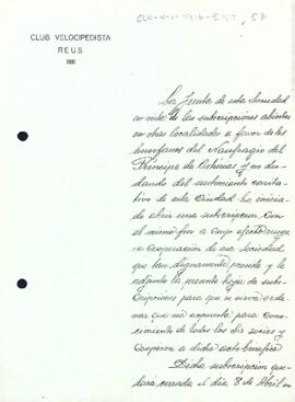 Subscripció per recaptar diners pels orfes del naufragi del Príncep d'Astúries