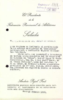 Carta del president de la Federació Provincial d'Atletisme