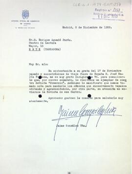 Carta de la Cambra Oficial de Comerç de Madrid al secretari del Centre de Lectura