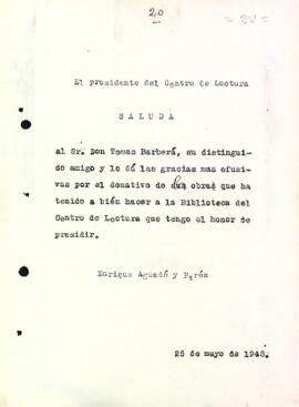 Carta d'agraïment a Tomàs Barberà