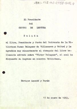 Carta d'agraïment del president a la Biblioteca Museu Víctor Balaguer de Vilanova i la Geltrú