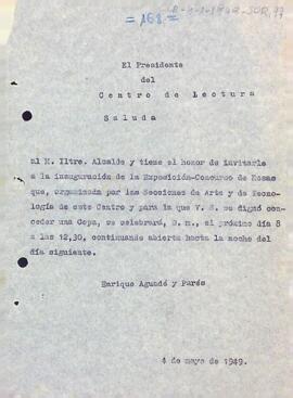 Invitació del president a l'alcalde de Reus a la inauguració de l'Exposició-Concurs de Roses que organitza l'entitat