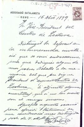 Carta de Pere Cavallé agraint la invitació a la vetllada dedicada a Eugeni Mata i adjuntant un text homentage per al difunt