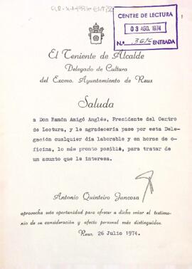 Carta del regidor de Cultura de Reus al president del Centre de Lectura