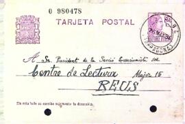 Targeta postal de Josep Iglésies al president de la Secció Excursionista