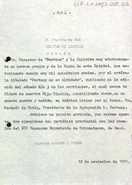 Carta d'agraïment del president al director de la revista Destino per la publicació de l'article "Fortuny no es olvidado"