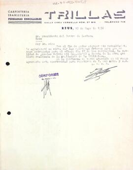 Carta de la Fusteria Trillas al Centre de Lectura de Reus