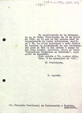 Carta del president al delegat provincial d'informació i turisme de Tarragona sol·licitant el permís per celebrar una conferència de Joan Amades