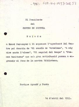 Carta d'agraïment a Ricard Permanyer