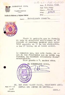 Carta de la direcció general de seguretat al president del Centre de Lectura