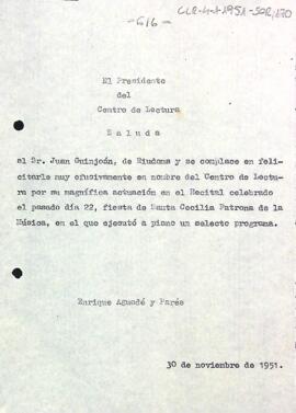 Carta del president a Joan Guinjoan felicitant-lo per l'actuació del dia de Santa Cecília