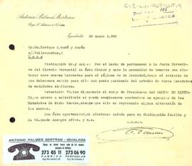 Carta d'Antonio Palmés Bertrán al president del Centre de Lectura