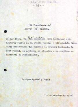 Carta d'Enric Aguadé Parés a Francisco Pera Verdaguer