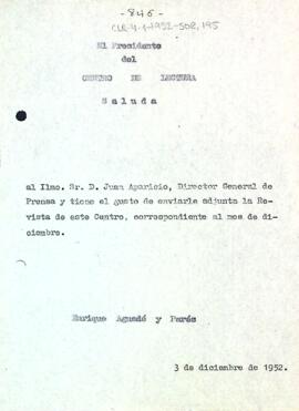 Carta d'Enric Aguadé Parés a Juan Aparicio