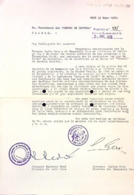 Carta de Ràdio Reus i del Semanario de Reus al president del Centre de Lectura