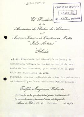 Carta de l'Asociación de Padres de Alumnos del Instituto Técnico de Enseñanza Media "Julio Antonio"