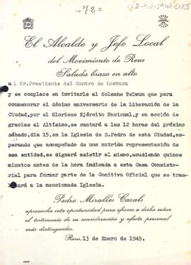 Pere Miralles convida al president a la commemoració del desè aniversari de la "Liberación" de la ciutat de Reus