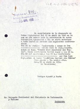 Carta del president al delegat provincial d'informació i turisme de Tarragona sol·licitant el permís per a celebrar dues conferències