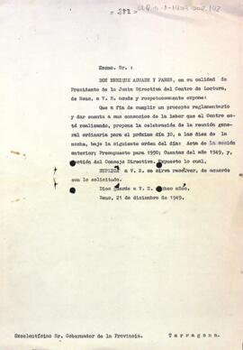 Carta del president al governador civil sol·licitant l'autorització per celebrar la junta general ordinària