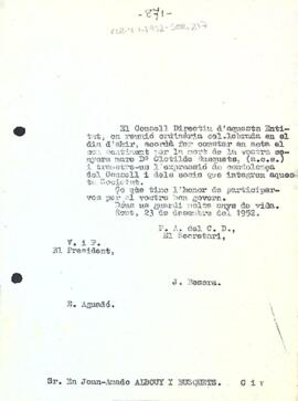 Carta de condol a Joan-Amado Albouy Busquets