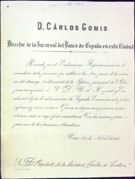 Carta de Carlos Gomis al president de l'entitat oferint un bastó per a la Processó on ell portarà l'estandart