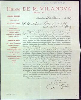 Carta comercial dels Herederos de M. Vilanova oferint els seus serveis de decoradors i organitzadors