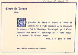 Invitació del president a l'acte inaugural de l'exposició de pintura de Santiago Rusiñol