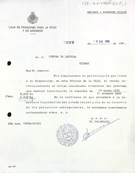 Carta del delegat de la Caixa de Pensions per a la Vellesa i d'Estalves al president del Centre de Lectura