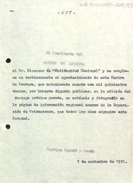 Carta d'agraïment del president al director de Solidaridad Nacional per haver inclòs en la seva publicació un article sobre el Centre de Lectura
