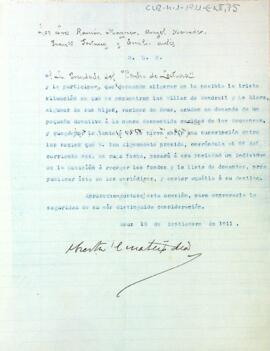 Ramon Mayner, Àngel Mercader, Francesc Fortuny i Emili Aulès demanen al president un donatiu per a les poblacions del Vendrell i de la Riera