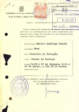 Carta de la delegació del govern al president autoritzant un curset de teologia