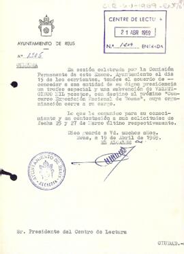 Carta de l'alcalde de Reus al president del Centre de Lectura