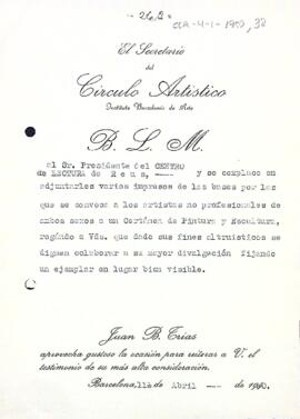 El Círculo Artístico de Barcelona envia fulletons sobre el seu certamen de pintura i escultura