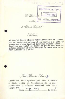 Carta del delegat del Diario Español a Reus al president del Centre de Lectura