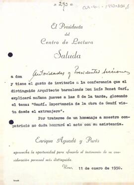 Invitació del president del Centre de Lectura a la conferència de Lluís Bonet