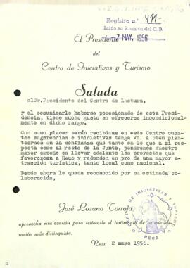 Carta del Centre d'iniciatives i turisme de Reus al president del Centre de Lectura