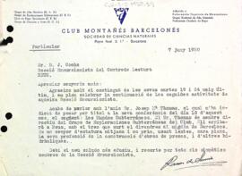 Carta de Ramon de Semir a la Secció Excursionista